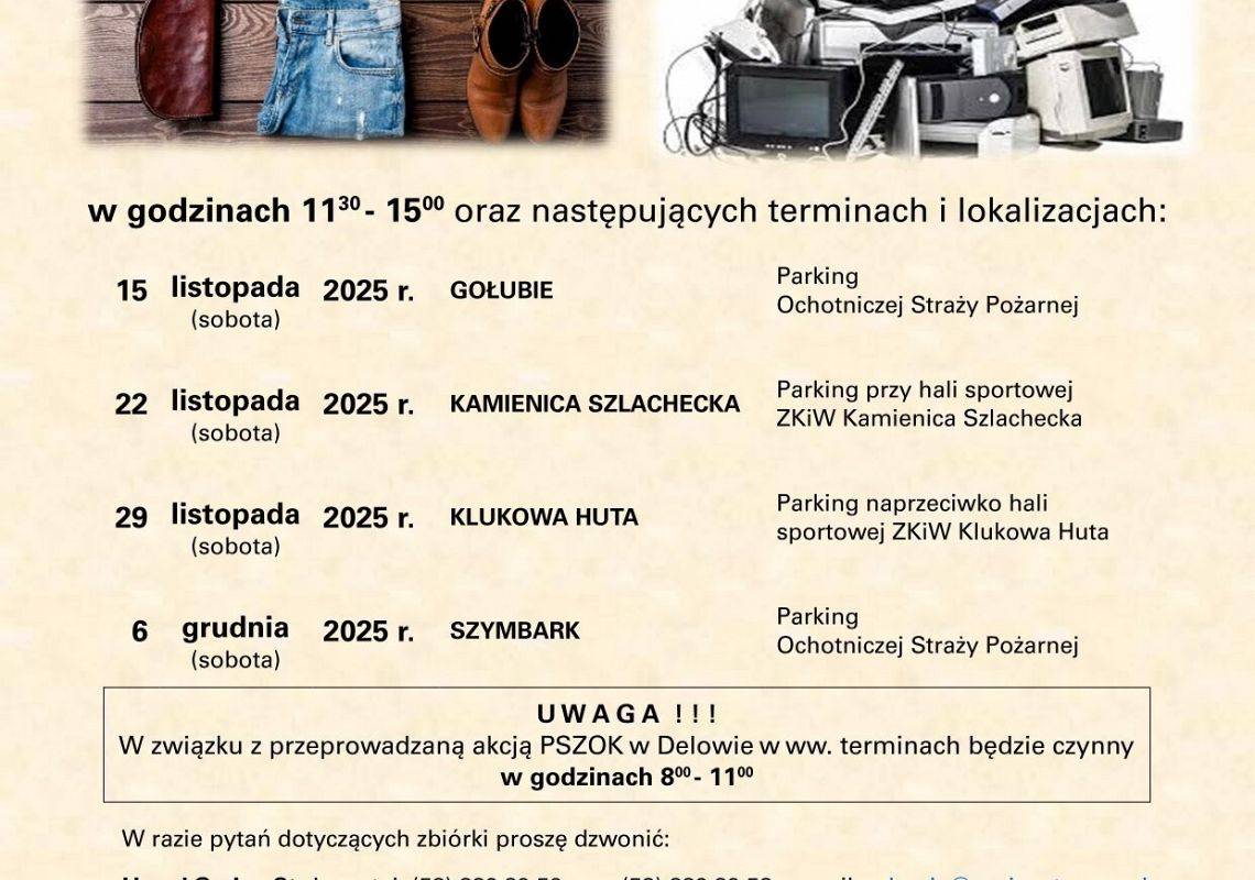 Wójt Gminy Stężyca informuje, że w ramach akcji „MOBILNY PSZOK” odbędzie się zbiórka odpadów typu: tekstylia, odzież i elektrośmieci