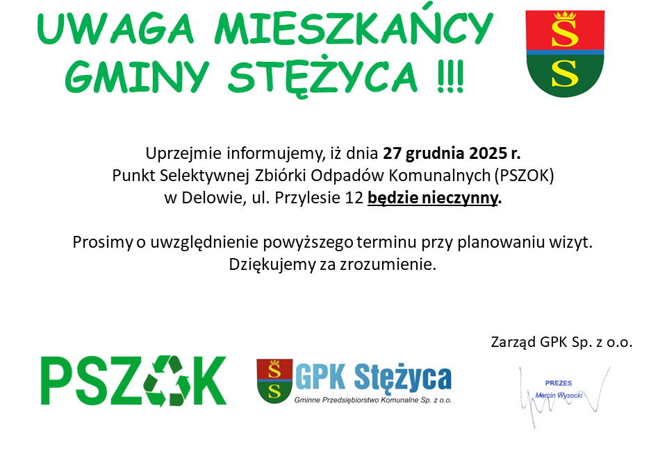 27.12.2025 r. PSZOK będzie nieczynne