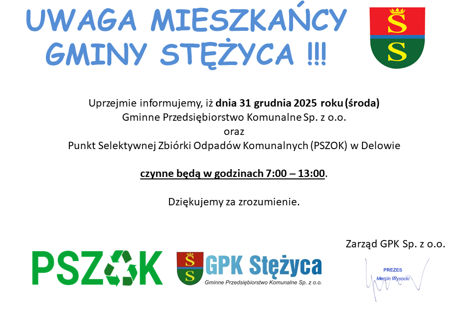 31.12.2025 r. - Zmiana godzin pracy (GPK, PSZOK)