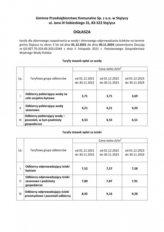 Nowe taryfy dla zbiorowego zaopatrzenia w wodę i zbiorowego odprowadzania ścieków