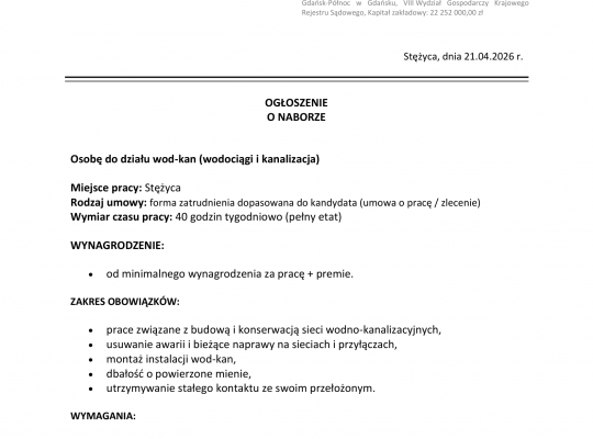 Nabór do działu wod-kan (wodociągi i kanalizacja)